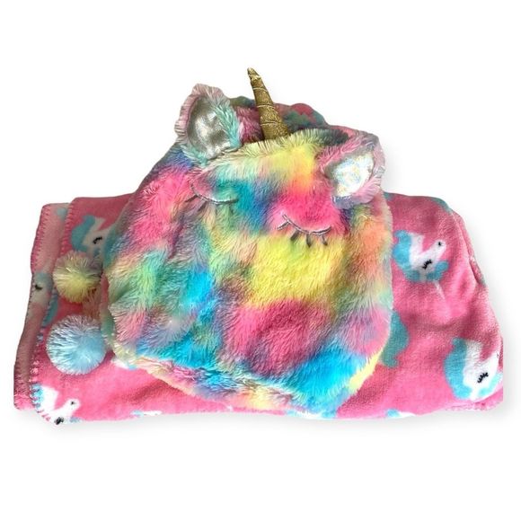 Justice Colorful Unicorn Blanket in a Plush Bag - Picture 1 of 9